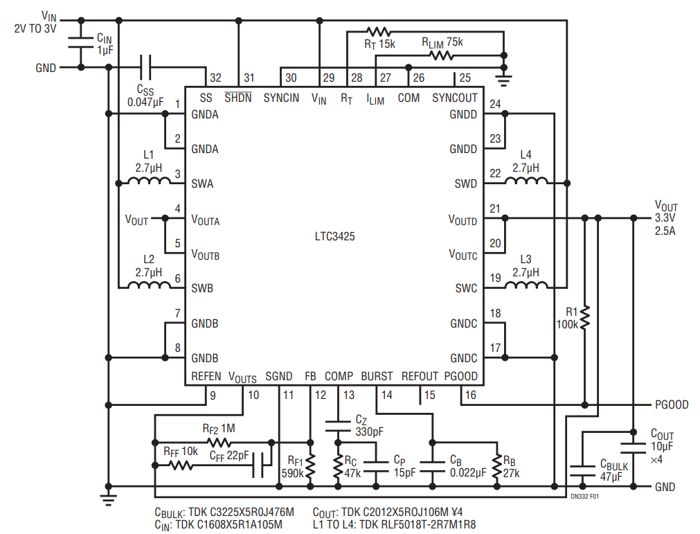 Figure 1. 2-Cell to 3.3V/2.5A Boost Converter.