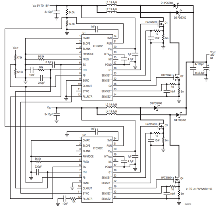 Figure 1. A 4-Phase Boost Converter Based on the LTC3862 Produces 48V at 8A from a 5V to 18V Input.