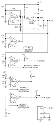 図1. このICと関連する部品により3V電源を5Vにブーストするとともに、「5V READY」信号やµPリセット信号の発生を行うことができます。