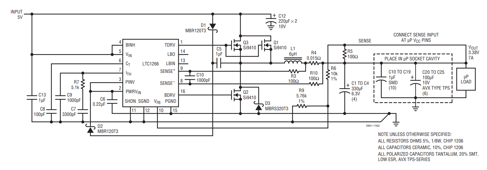 Figure 6. LTC1266 Switching Regulator Converts 5V to 3.38V at 7A for Pentium and Other High Speed μPs.