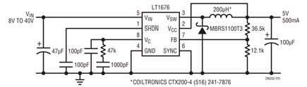 Figure 1. LT1676 Application Circuit Generating 5V at 500mA from a FireWire Input (8V to 40V).