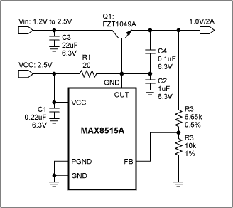 Figure 1. Schematics of a cheap and tiny LDO circuit using the MAX8515.Figure 1. Schematics of a cheap and tiny LDO circuit using the MAX8515.