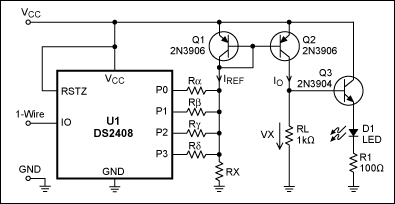 Figure 1. This 4-bit DAC is controlled by a 1-Wire interface. (DS2408 outputs P4 to P7 are not used.)