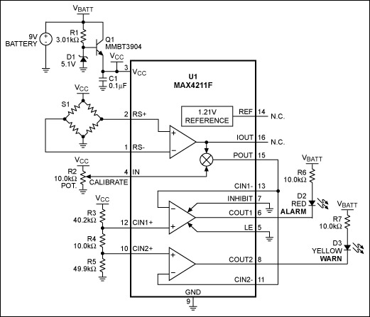 Figure 1. This single-chip circuit monitors a sensor signal represented by the bridge voltage. It produces first a warning, and then an alarm as the hazard signal intensifies.