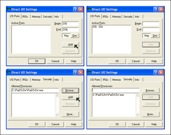 Figure 1. Configuring Direct I/O to Work with ParDS2W.exe. 