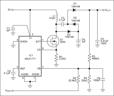 図1. このAPDバイアス発生器は30V～70Vの範囲の安定化、コンピュータ調節出力を生成します。