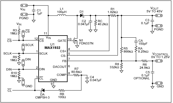 Figure 1. The enhanced MAX1932 bias circuit offers improved current limit and transient response. Adding DA and RB improves recovery from current limit, while adding CA and RA improves transient response.