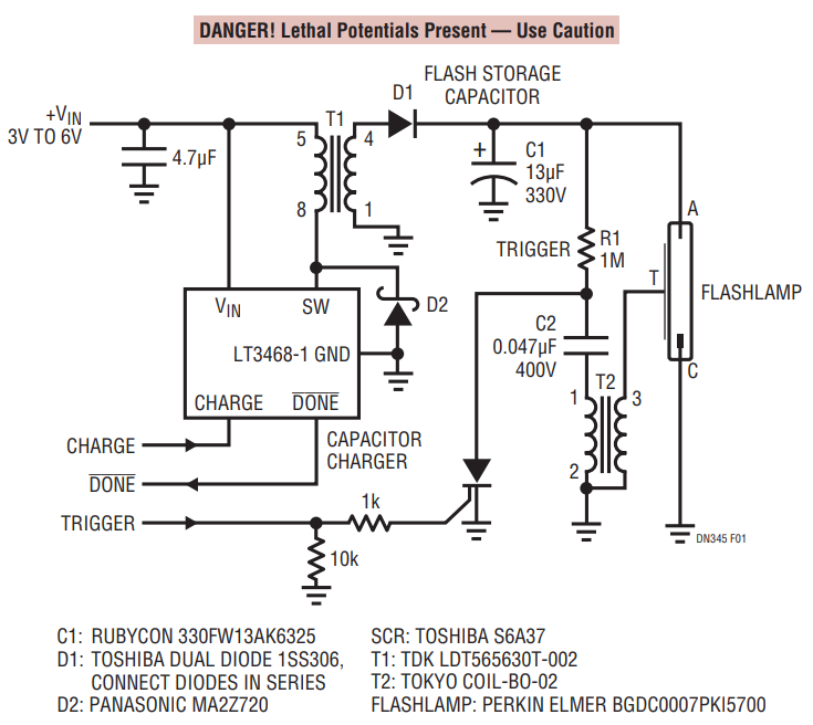 Figure 1. Complete Flashlamp Circuit Includes Capacitor Charging Components, Flash Capacitor C1, Trigger (R1, C2, T2, SCR) and Flashlamp. TRIGGER Command Biases SCR, Ionizing Lamp via T2. Resultant C1 Discharge Through Lamp Produces Light.