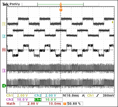 Figure 2. Waveforms from the Figure 1 circuit: A_Step input (Ch 1), B_Step input (Ch 2), OUTR+ (Ch 3), OUTR- (Ch 4), and the signal actually seen by the motor windings (OUTR+ minus OUTR-), which is computed by the scope as 