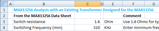 Figure 1. Data entry for MAX13256 specific transformer example, MAX13256 section.