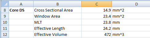 Figure 11. Core data sheet section of the MAX13256 transformer design spreadsheet.