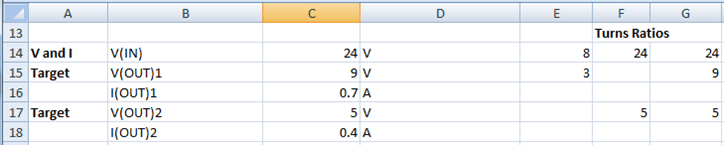 Figure 12. V and I section of the MAX13256 transformer design spreadsheet.