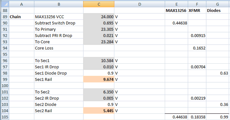 Figure 18. Revised output voltage section of the MAX13256 transformer design spreadsheet.