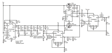 Figure 1. This Supercap-Based Power Ride-Through Circuit Maximizes Run Time Using an Energy Scavenging Scheme.