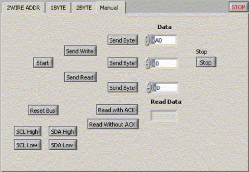 Figure 4. The MANUAL control tab lets the user define the number of bytes and intended read or write operation.