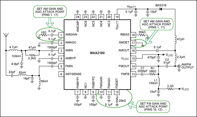 図2. MAX2180を使用したシングルアンテナソリューションのアプリケーション回路