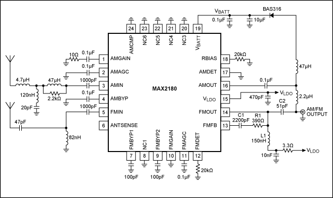 図3. MAX2180を使用したデュアルアンテナソリューションのアプリケーション回路図