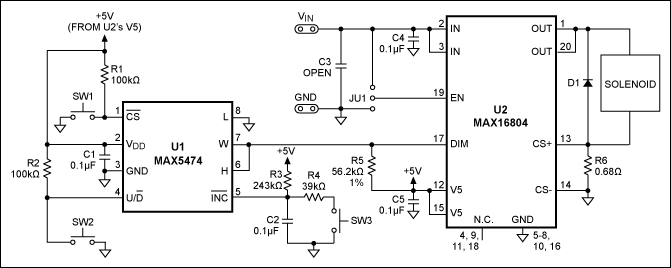 Figure 1. This small, surface-mount, digital-driver circuit provides proportional drive for a solenoid.