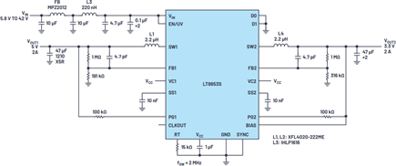 Wide input range, dual-channel, 2 A step-down regulator with high efficiency and low EMI