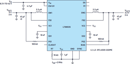 Low part count, dual-channel, 2 A step-down regulator solution