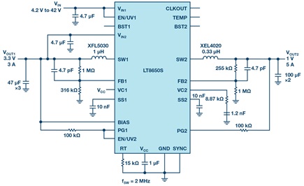 Figure 5. 3.3 V/3 A and 1 V/5 A circuit running at 2 MHz for a SoC application.