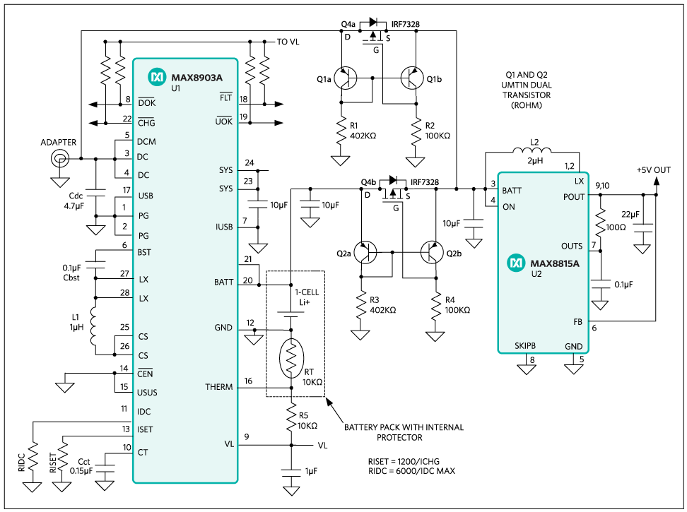 This design switches between the external +5V supply and a rechargeable single-cell Li+ battery to provide a constant +5V output.