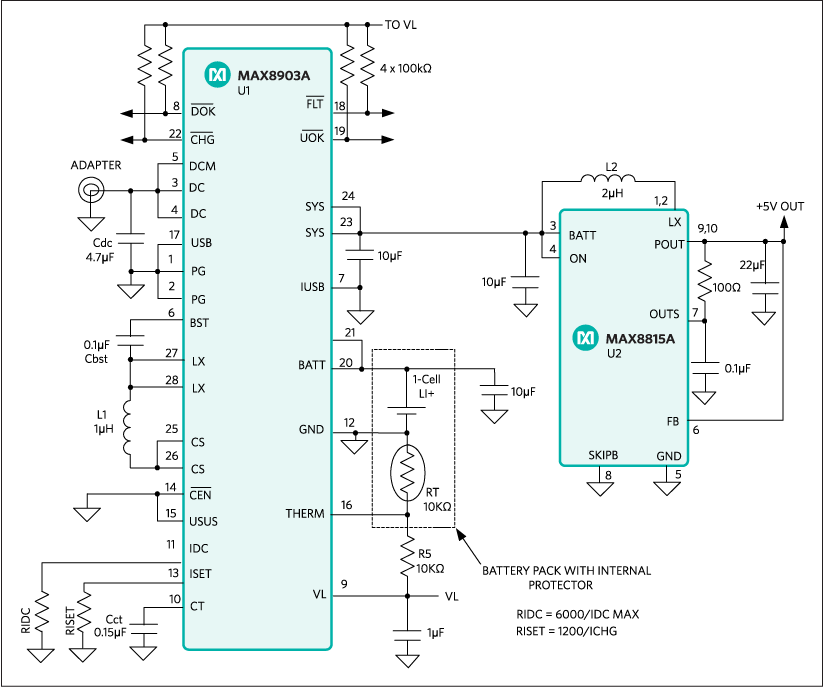 This design also switches between the external +5V supply and a rechargeable single-cell Li+ battery to provide a constant +5V output.