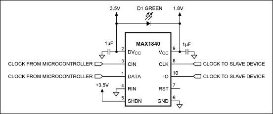 Figure 1. For low-power loads, a single green LED (D1) replaces a 1.8V LDO regulator in this level-translator circuit.