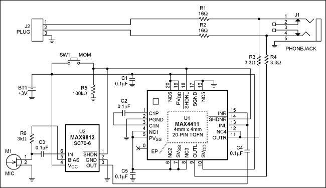 Figure 1. This headphone attenuator/amplifier has a microphone monitor and allows easy conversation while wearing earbuds.