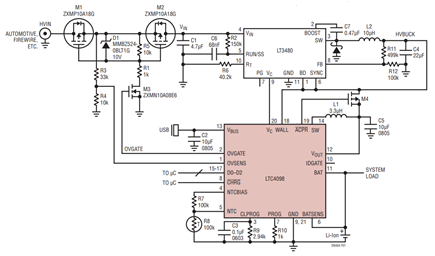 Figure 1. LTC4098 USB Power Manager/Li-Ion Battery Charger Works with an LT®3480 HV Buck Regulator to Accept Power from an Automotive Environment or Firewire System. Overvoltage Protection Protects Both ICs and Downstream Circuits