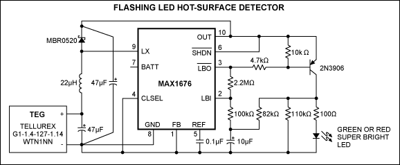 Figure 1. When the monitored surface is hot, this step-up regulator (MAX1676) boosts the TEG's low output voltage to a level suitable for flashing the LED.