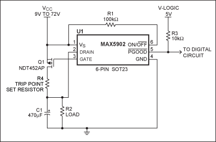 Figure 2. Adding a trip-point-adjust resistor (R4) to the circuit of Figure 1 improves its initial accuracy and accuracy over temperature.