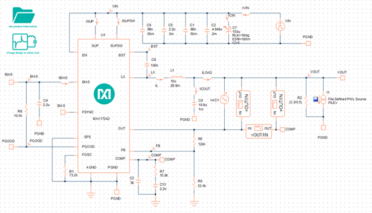 図2. EE-Sim OASISでMAX17242EVKITのモデル化に使用している回路図。入出力コンデンサは、DC電圧に基づいて回路図の値からディレーティングされています。3つの個別のボードプローブによって、一巡伝達関数、および個別のパワー段とコンペンセータ段の伝達関数の測定が可能です。