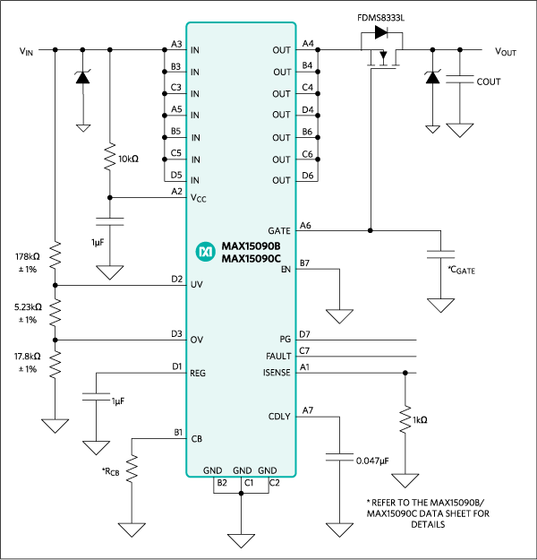 Figure 2. MAX15090B/MAX15090C with reverse current protection.