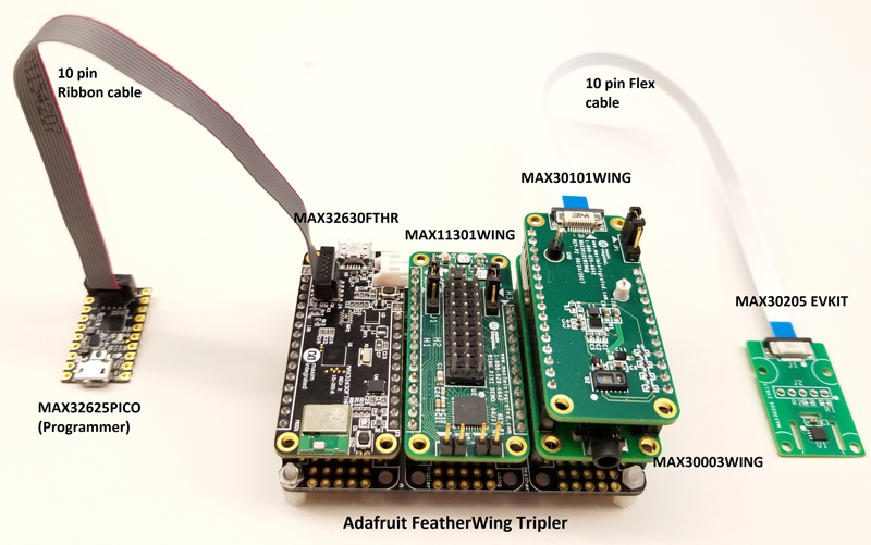 Overview of connections with three FeatherWings and temperature sensor