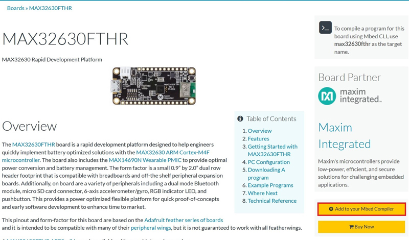 The MAX32630FTHR mbed landing page