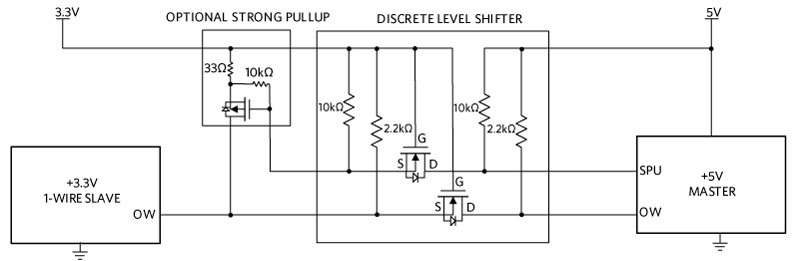 Bi-directional level shifter circuit that connects a 3.3V 1-Wire system to a 5V host MCU.