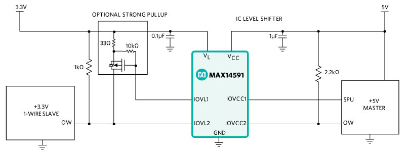 Bi-directional level shifter circuit that connects a 3.3V 1-Wire system to a 5V host MCU.