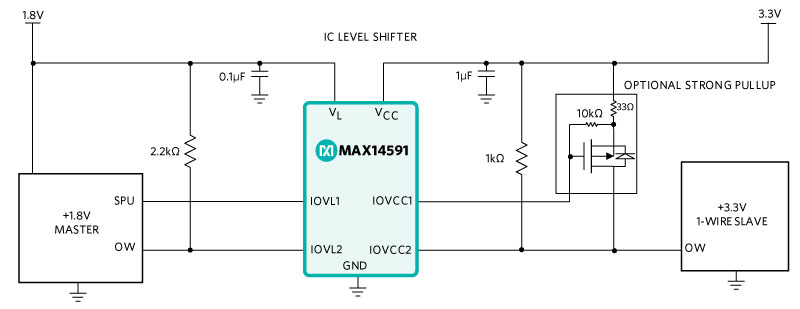 Bi-directional level shifter circuit that connects a 3.3V 1-Wire system to a 1.8V host MCU.