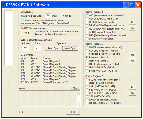 Figure 1. DS3994 software interface where users can program the SSP registers.