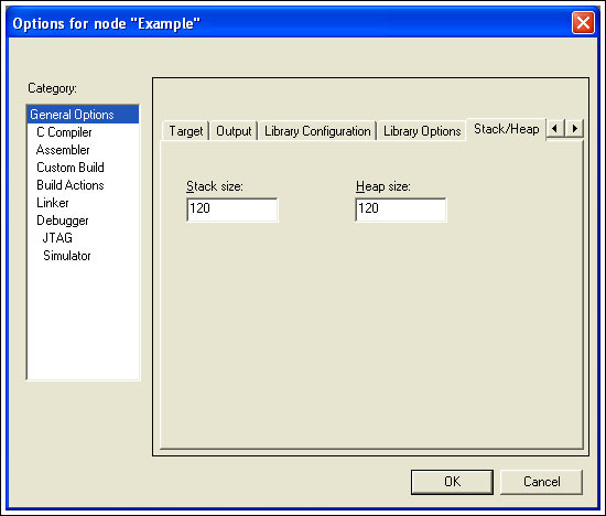 Figure 3. The selection of stack and heap size is made from the IAR EWMAXQ Options menu.