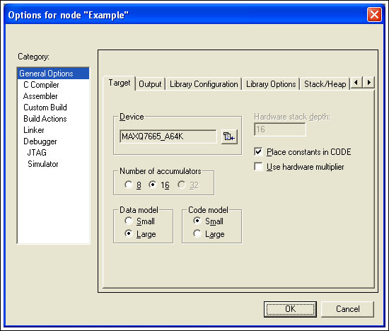 Figure 5. The Code model and Data model are selected from the IAR EWMAXQ Options menu.