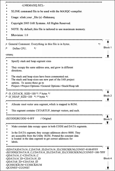 Figure 7. An example linker (.xcl) file for MAXQ2000 microcontroller.