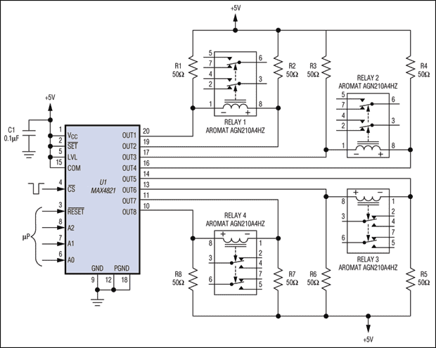 Figure 2. This circuit easily drives four, single-coil latching relays.