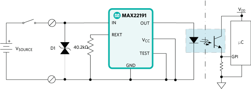 Figure 1. MAX22191 current sinking DI circuit.