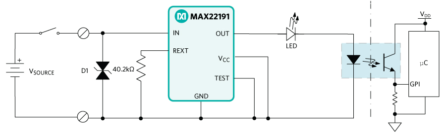 Figure 4. MAX22191 current sinking circuit with status/indicator LED.