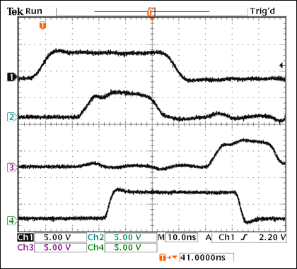 Figure 3. These waveforms show the propagation delay (also about 25ns) for a positive-pulse input to the circuit in Figure 1.