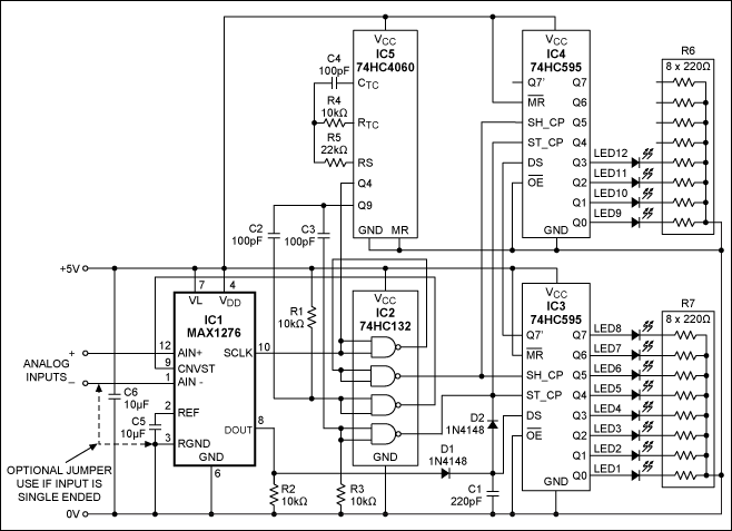 Figure 1. This stand-alone panel-display circuit drives a 12-LED logarithmic column, whose height changes by one LED for each 6.02dB change in the input voltage.