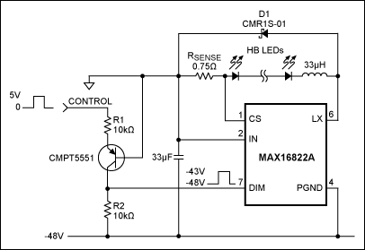 Figure 1. This LED driver applies -48V to the LEDs, but accepts a 0-to-5V dimming signal.