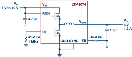 Minimal components needed for 7 V to 40 V input, 5 VOUT 1.2 A design